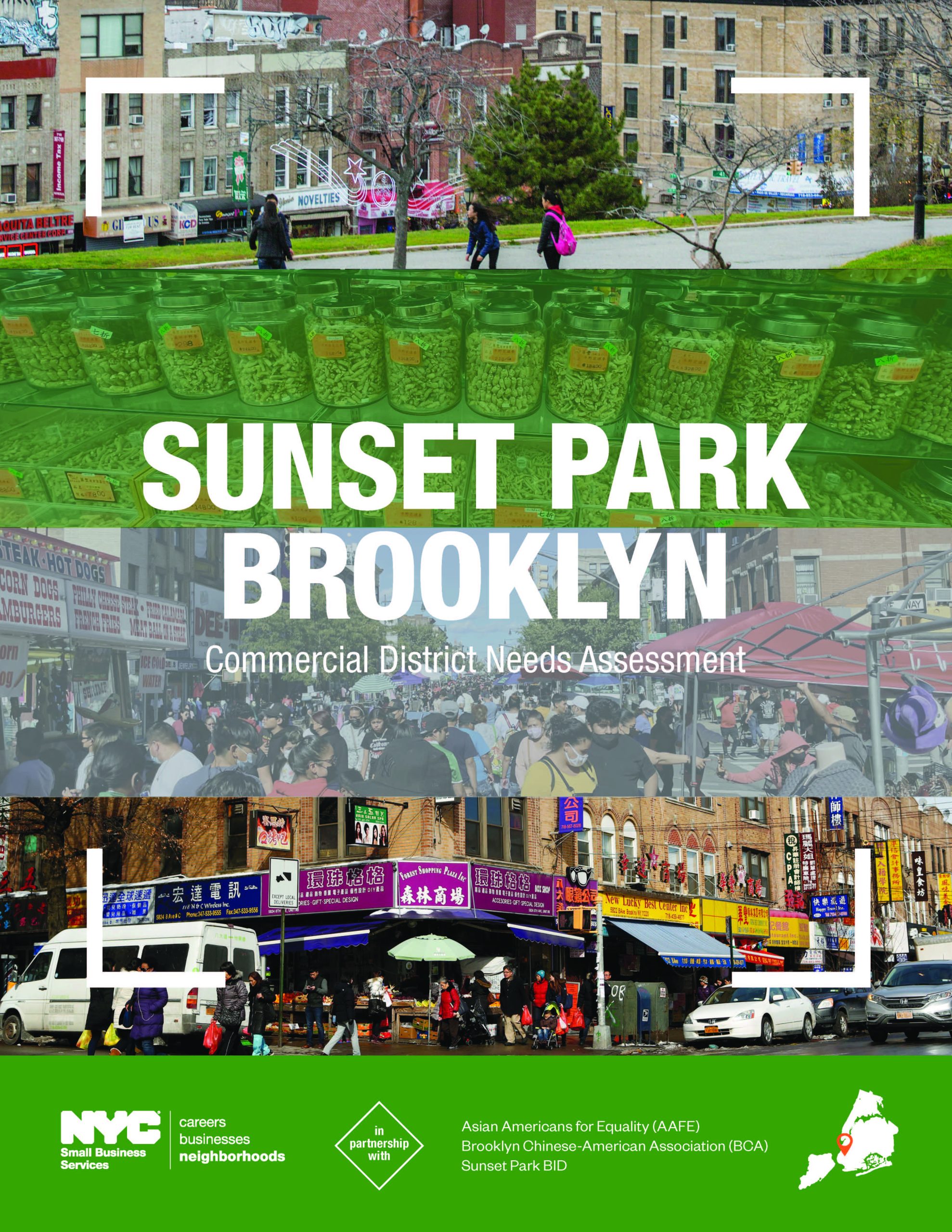 Poster for sunset park, brooklyn showing a collage of neighborhood scenes including people, businesses, and landmarks, titled "commercial district needs assessment.