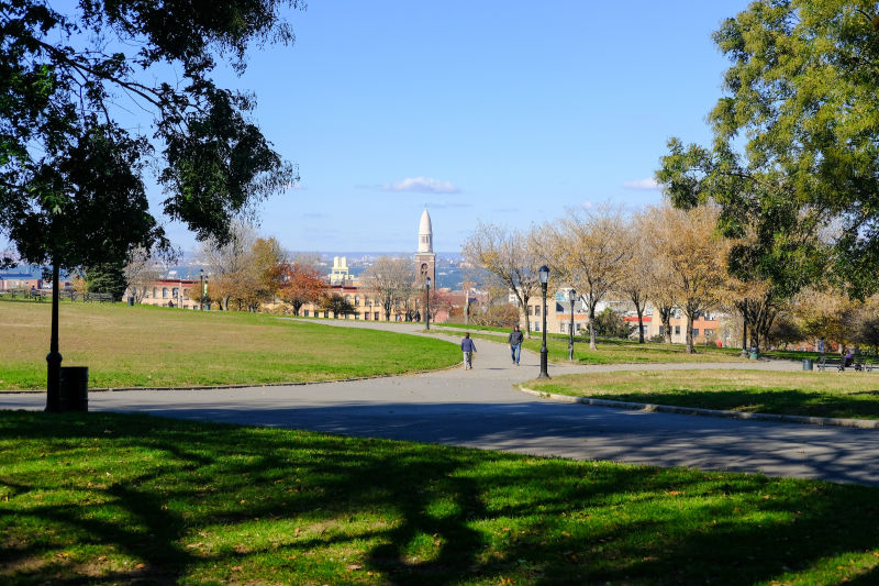 A scenic view of a park with a winding path leading towards a distant historical tower, surrounded by green grass, trees, and a clear blue sky. people are walking and enjoying the sunny day.