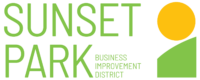 Logo Of Sunset Park Business Improvement District Featuring Stylized Text "sunset Park" In Green With An Orange Circle Representing The Sun And A Green Abstract Hill Shape Beneath.