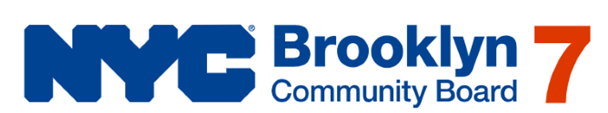 Logo of nyc brooklyn community board 7, featuring bold blue and red text with the letters "nyc" prominently styled on the left.