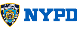 Logo of the new york city police department featuring a gold police shield on a blue background with the text "police department city of new york.