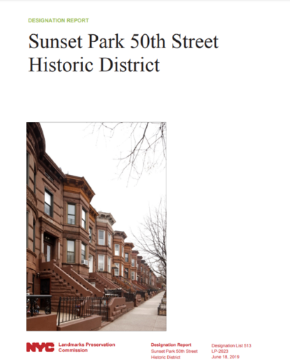 Cover Of The Nyc Landmarks Preservation Commission Designation Report Featuring A Photo Of The Sunset Park 50th Street Historic District, Showing A Row Of Brownstone Buildings Under An Overcast Sky.