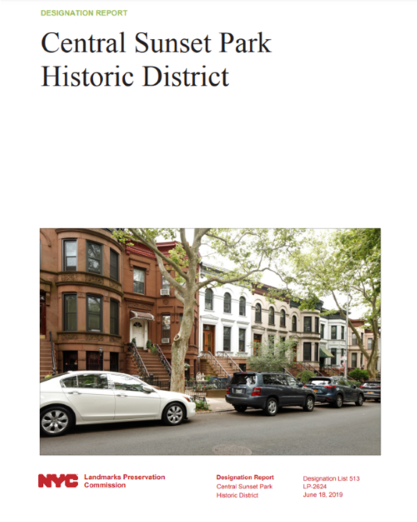 The Cover Of A Report Titled "central Sunset Park Historic District Designation Report" With A Photo Showing A Row Of Brownstone Houses And A Parked Car, Dated June 18, 2019.