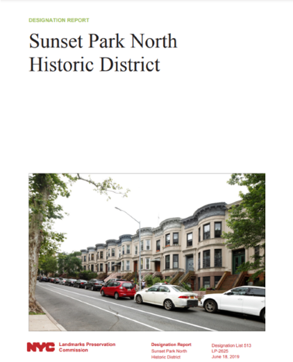 Cover Page Of A Report Titled 'sunset Park North Historic District Designation Report' By Nyc Landmarks Preservation Commission, Featuring A Street Lined With Row Houses And Parked Cars.