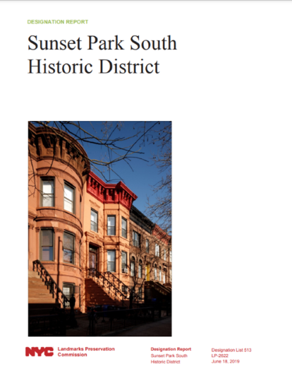 Cover Of The "sunset Park South Historic District Designation Report" With A Photo Showing A Row Of Historic Brownstone Buildings, Mostly In Shadow, Under A Clear Blue Sky.