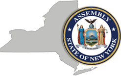 Logo of the new york state assembly featuring a detailed seal with allegorical figures and an eagle, set against a faint outline of new york state in gray.