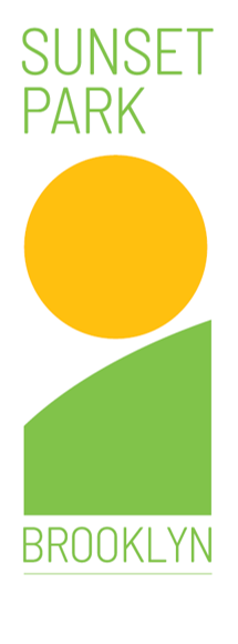 Logo of sunset park, brooklyn, featuring a stylized green hill under a large orange circle, symbolizing the sun, with the text "sunset park" and "brooklyn" in green font.