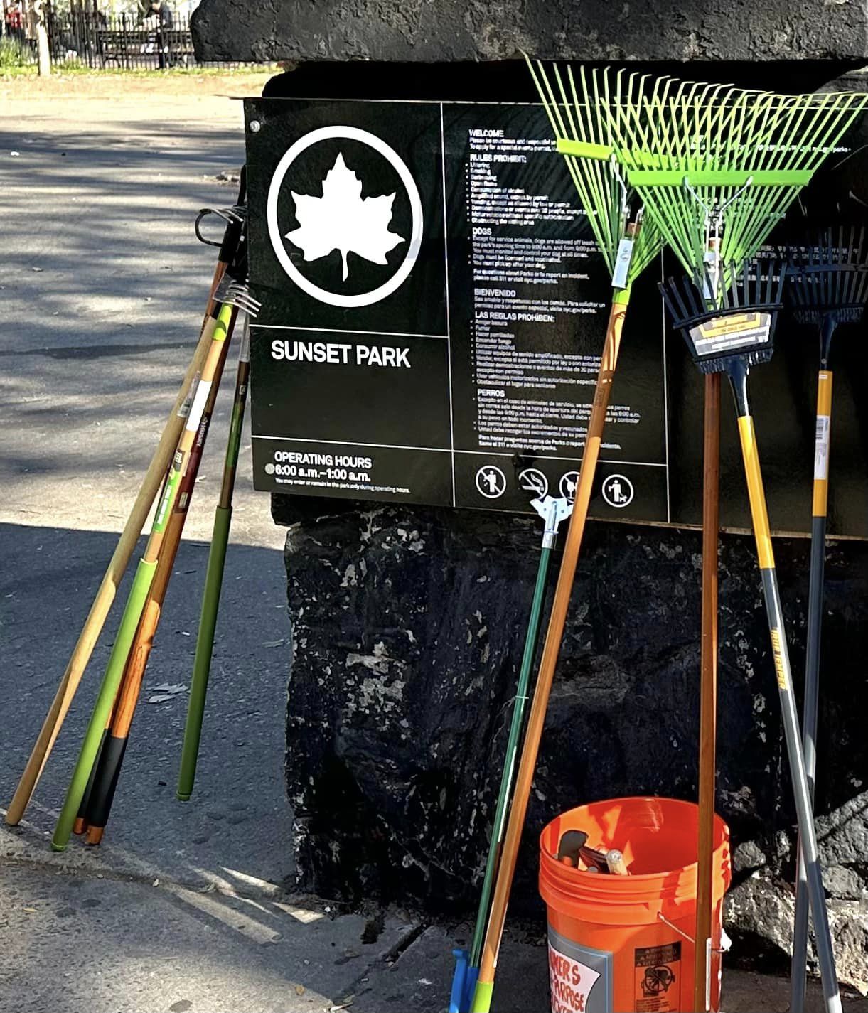 A group of gardening tools leans against a black trash bin labeled "sunset park" with a maple leaf logo. there's a variety of rakes and a bucket with tools beside it.