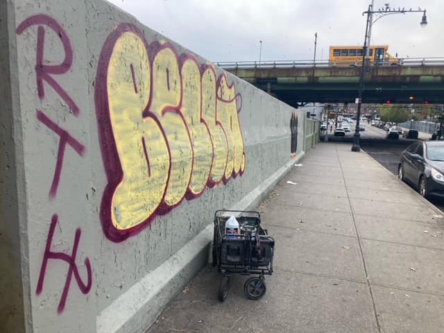 Graffiti on a city wall with large yellow letters reading "bush," street scene with cars and a utility cart in the foreground, and an elevated train in the background.