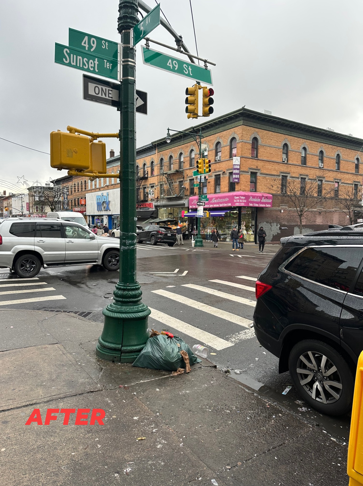 A busy urban intersection with cars and street signs, highlighting a person lying on the ground near a green post, with "after" text superimposed at the bottom.