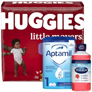 Packaging of huggies little movers diapers, aptamil first infant milk formula, and pedialyte rehydration liquid for children, featuring an image of a baby on the diaper package.
