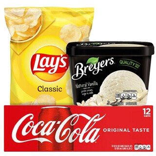 A collection of products featuring lay's classic chips, breyers natural vanilla ice cream, and a can of coca-cola original taste.