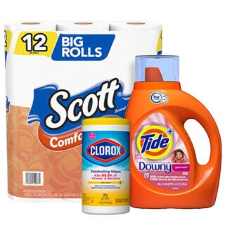 A product display featuring a pack of 12 scott paper towel rolls, a container of clorox disinfecting wipes, and a bottle of tide laundry detergent with downy.