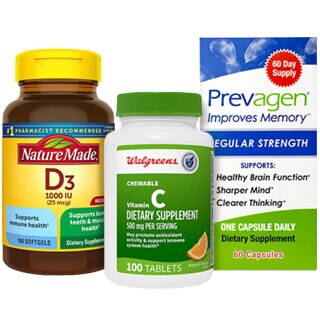 Three different supplement bottles: nature made vitamin d3, walgreens vitamin c chewable tablets, and prevagen regular strength capsules for memory improvement.