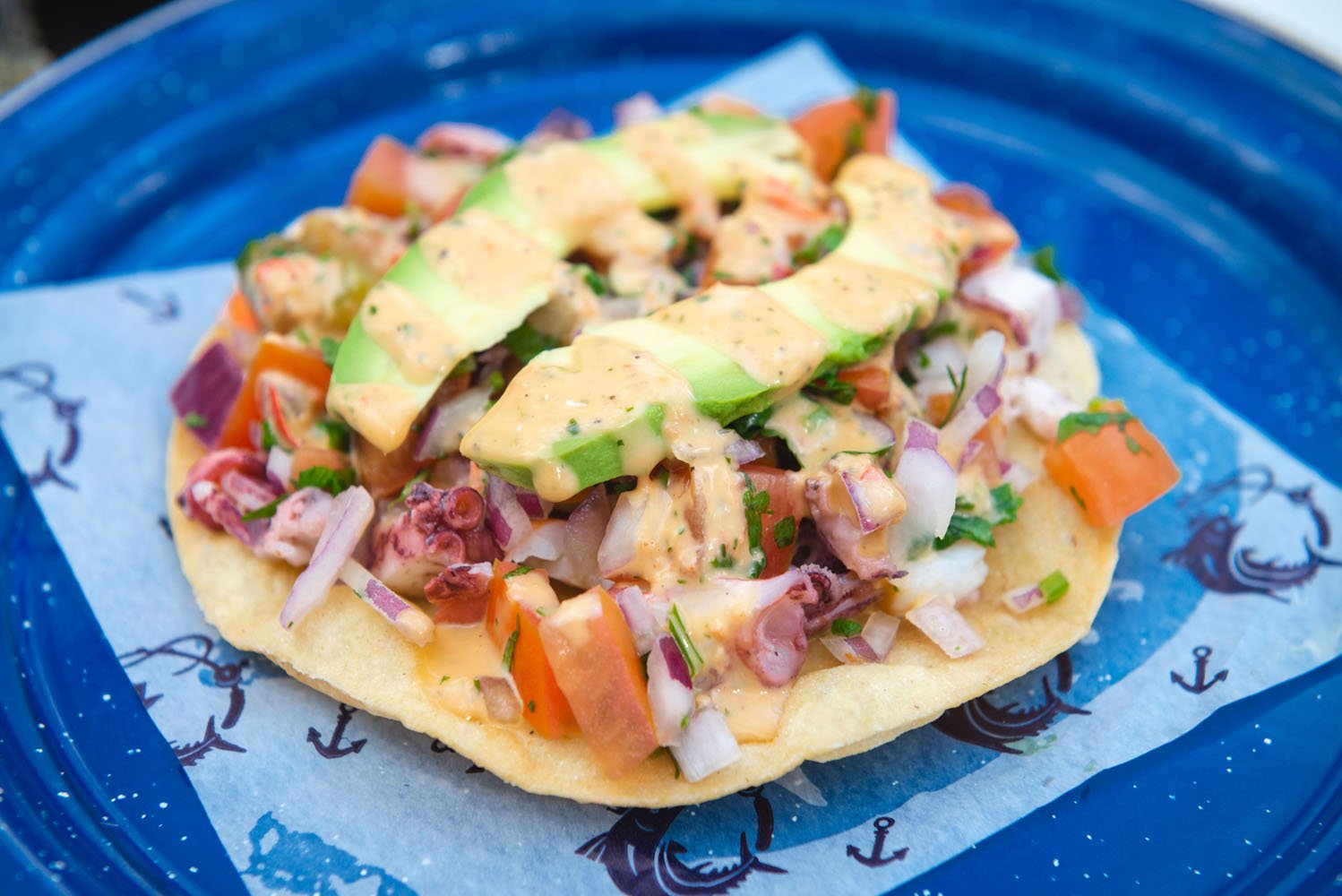 A close-up of a colorful ceviche tostada topped with fresh avocado, diced tomatoes, onions, and a zesty sauce, served on a blue plate with nautical designs.