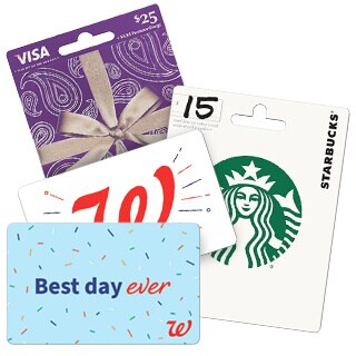 An assortment of gift cards including a visa card with a bow design, a target card with vibrant red, and a starbucks card, accompanied by a blue "best day ever" card from walgreens.