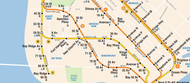 Map section of brooklyn, new york, displaying streets, subway lines, and landmarks like sunset park and kings highway.