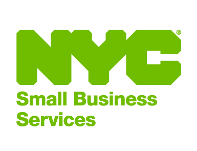 Logo for NYC Small Business Services in bright green, with gray text listing "careers," "businesses," and "neighborhoods" on a light background.